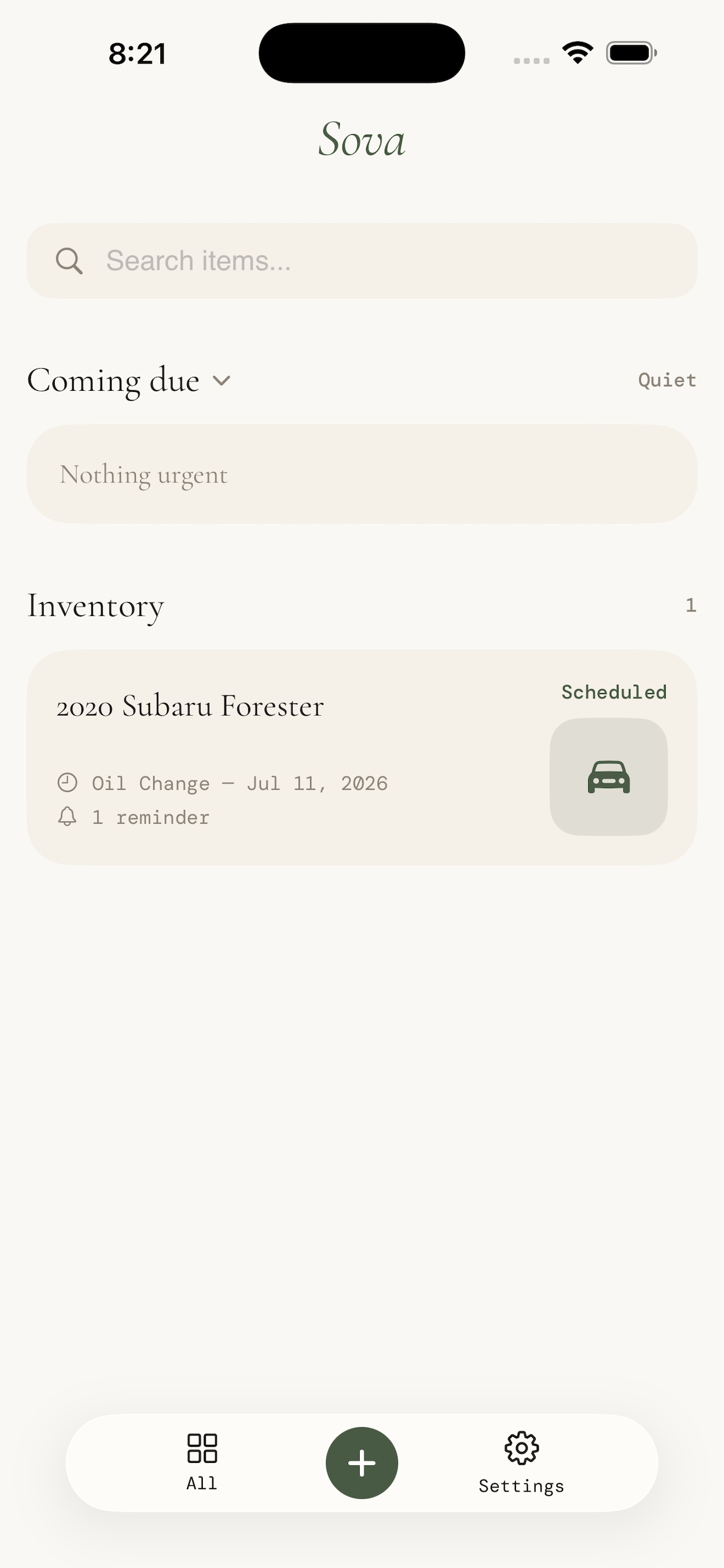 Sova home screen