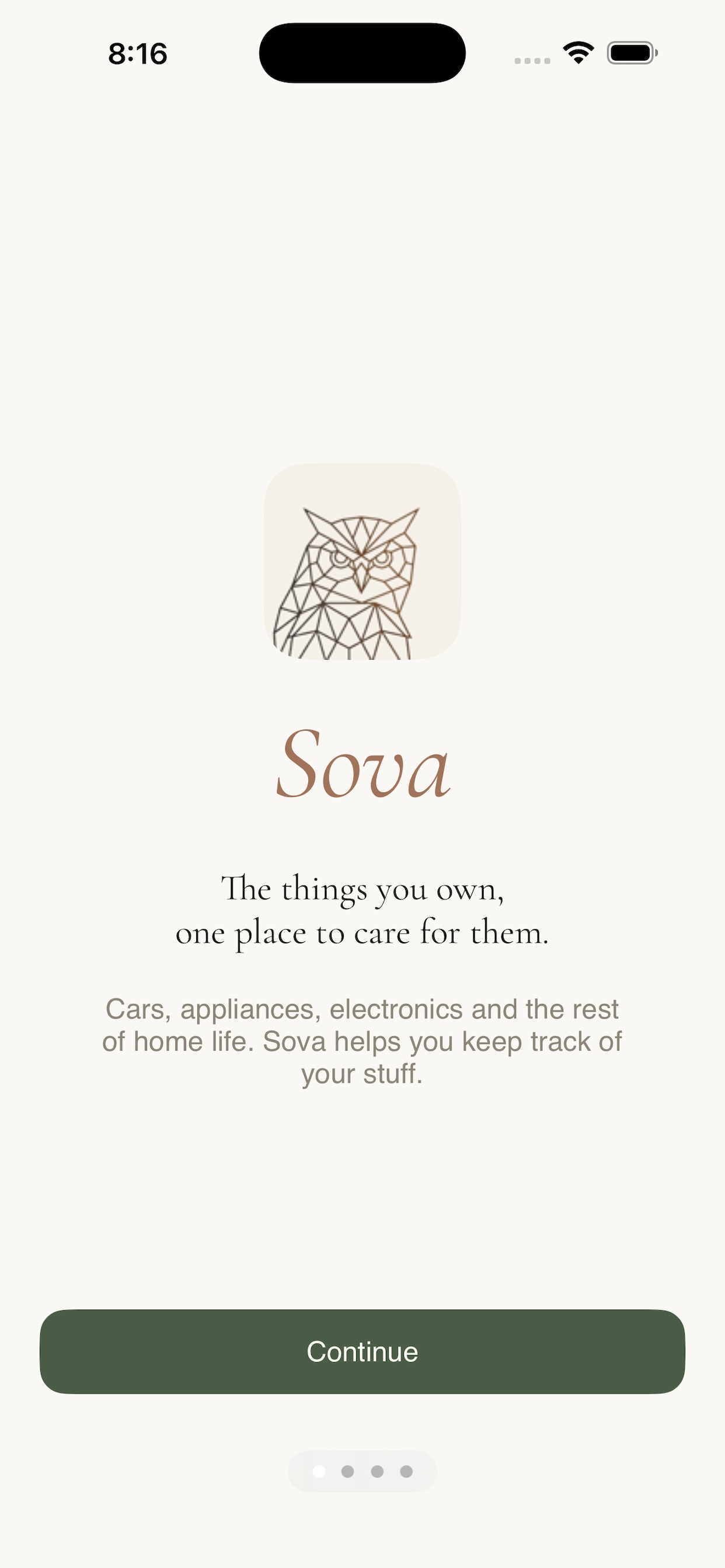 Sova welcome screen
